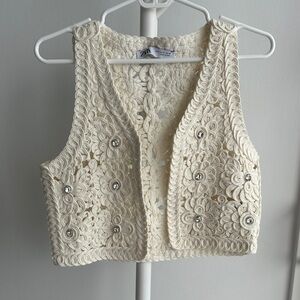 Zara Ivory Floral Crochet Vest